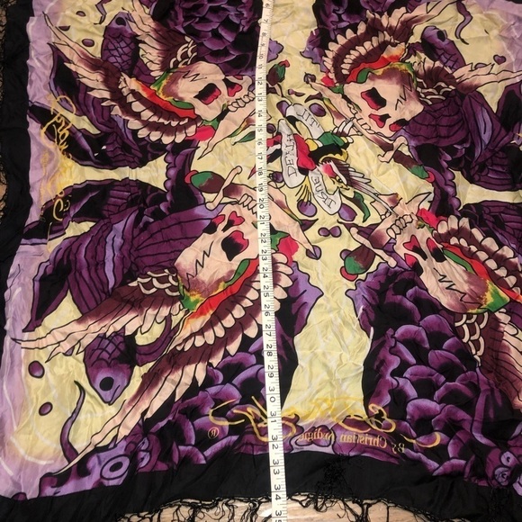 Y2k Ed Hardy 100% Silk Scarf w Fringe ‘True til Death’ Skulls 34” x 34” - Picture 5 of 5